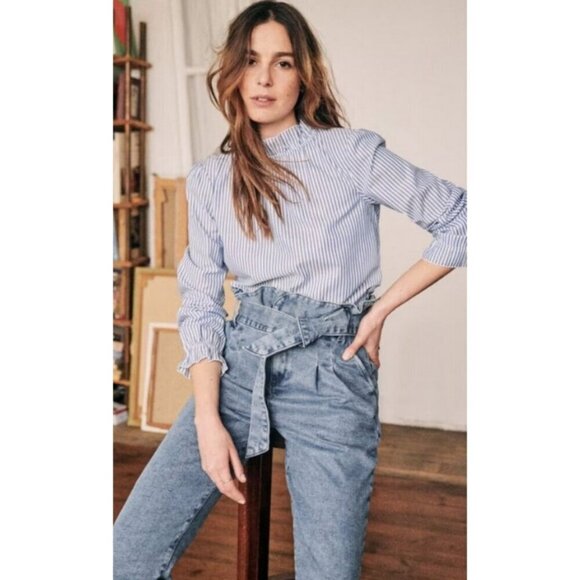 💕SEZANE💕 Austin Belted Paperbag Denim Trousers ~ Bleached Blue FR 36 NWOT - Picture 8 of 16